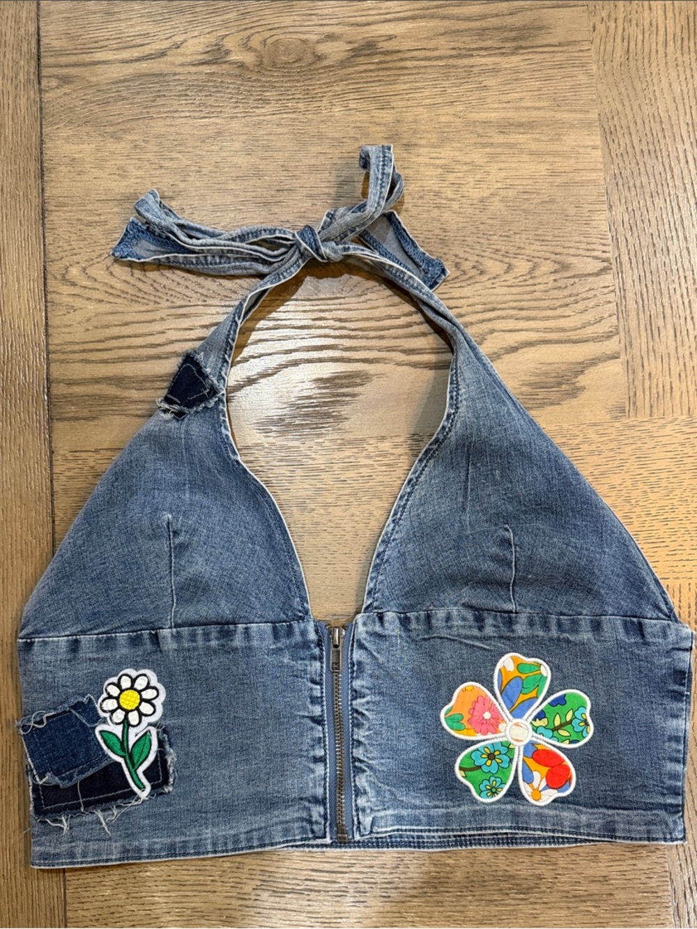 Current Mood Blue Denim Zip UP Halter Top with Floral Patches and Tie Neck